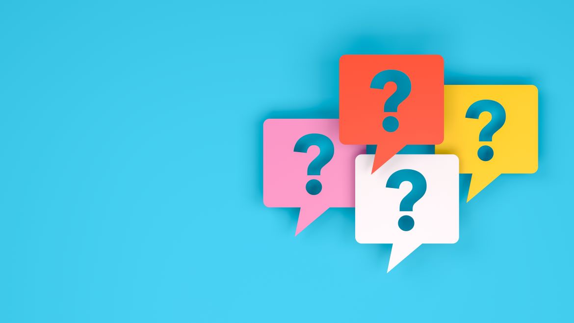 Four speech bubbles with question marks in each