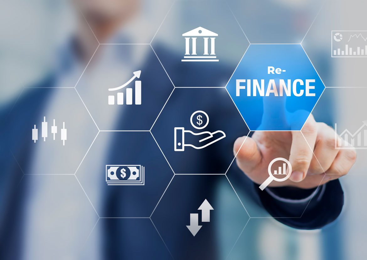 Hand touching refinance button